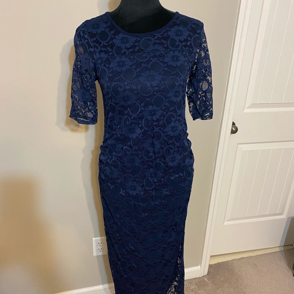 Pink Blush Maternity Navy Lace Midi Dress